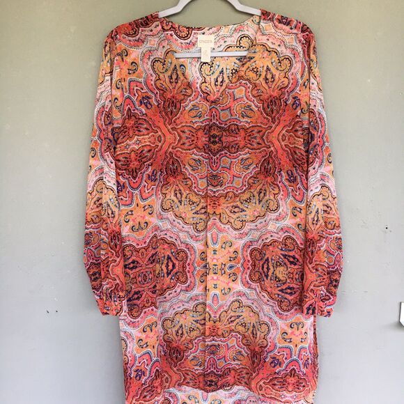Chico’s Tunic Top 2 L Coral Paisley Light Layer Drapey Coastal Boho Blouse - Picture 3 of 14